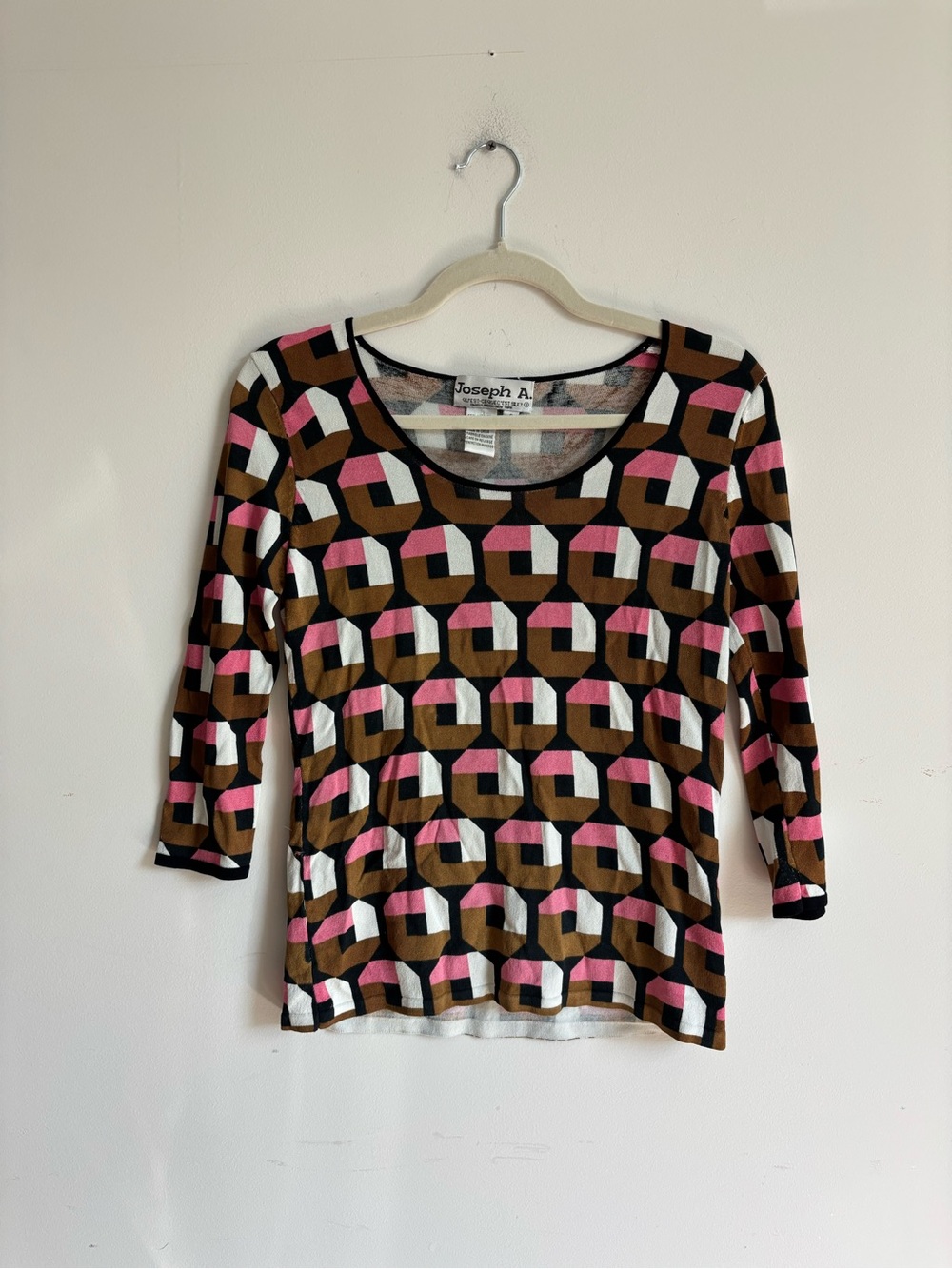 Vintage Joseph A Geometric Print Scoop Neck Top in Brown & Pink